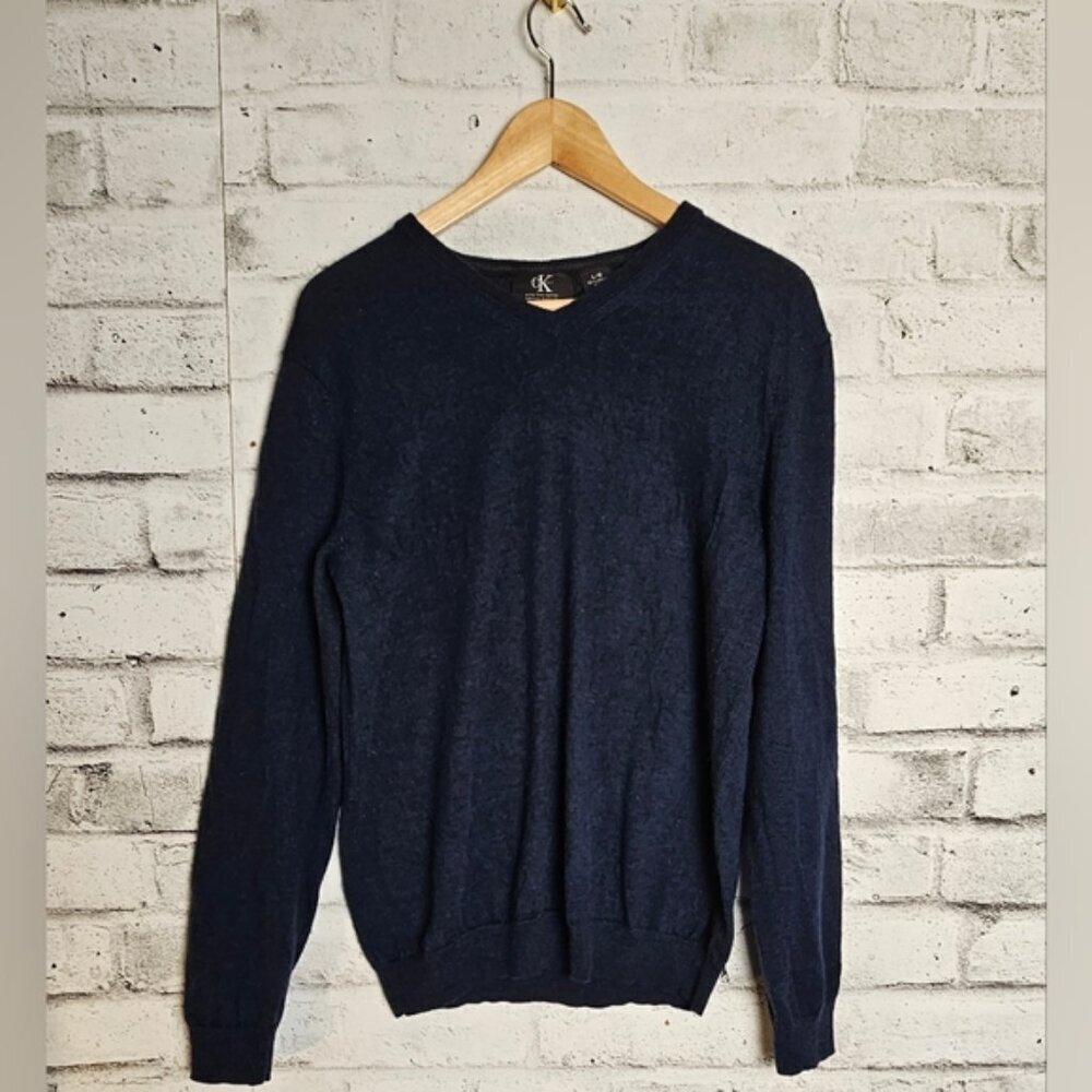 Calvin Klein Merino Wool V Neck Sweater Navy Blue Men’s Large